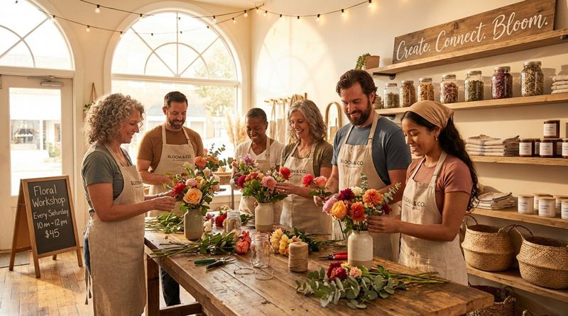 A lively workshop inside a retail store where diverse adults create floral arrangements together in a warm, friendly environment.
