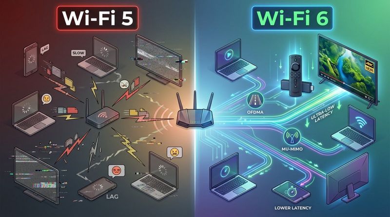 A colorful diagram illustrating Wi-Fi 6 outperforming Wi-Fi 5 with a clear signal to a Fire TV Stick amidst many devices.