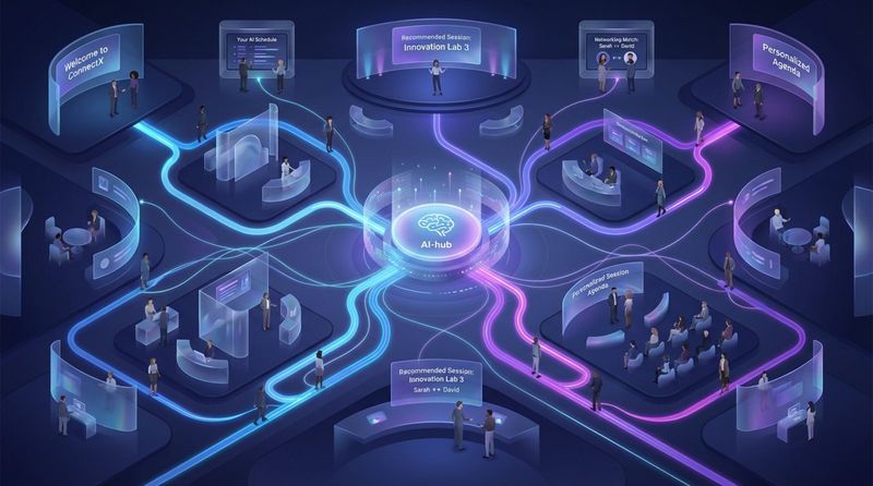 An abstract illustration showing AI guiding conference attendees with glowing paths and networking connections.