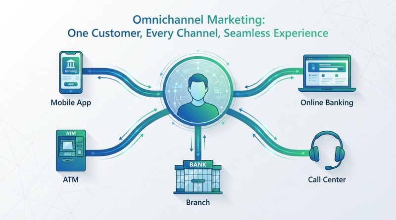 A diagram illustrating seamless omnichannel marketing with a central customer profile connected to various channels like smartphone, laptop, bank branch, ATM, and call center.