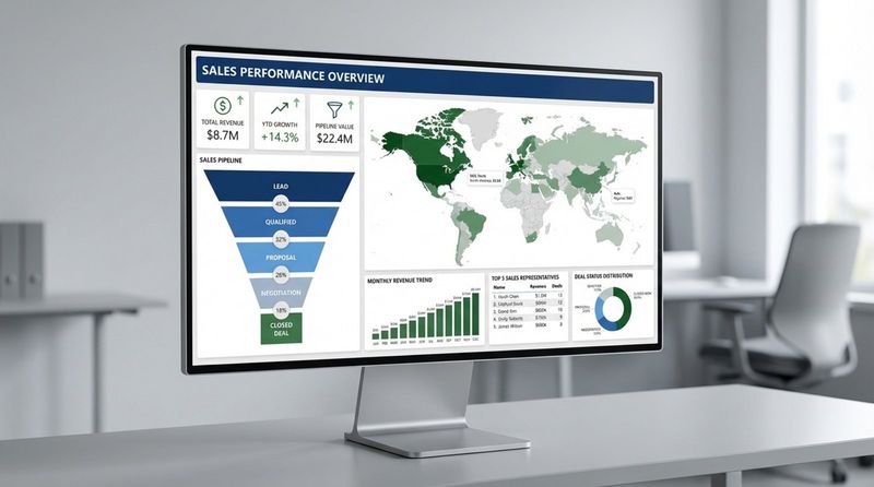 Photorealistic display of a professional sales performance dashboard on a modern computer screen showing sales funnel, regional sales map, and key performance indicators.