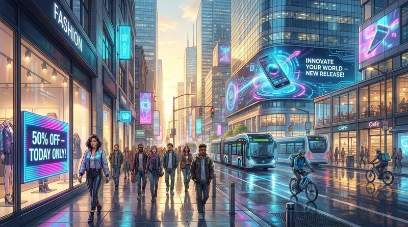 A vibrant illustration of a busy downtown street from a pedestrian perspective showing digital billboards and sale signs highlighting outbound marketing activity.