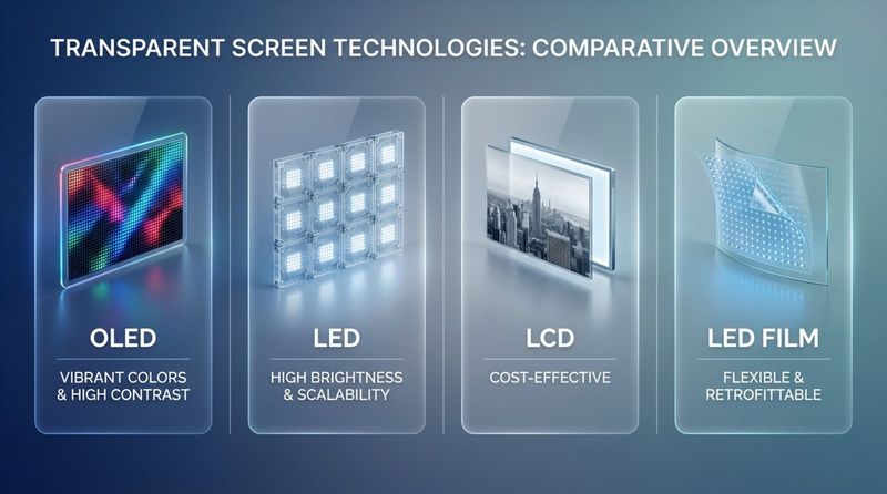 A modern infographic comparing OLED, LED, LCD, and LED Film transparent screens with sleek icons and descriptions highlighting their advantages.