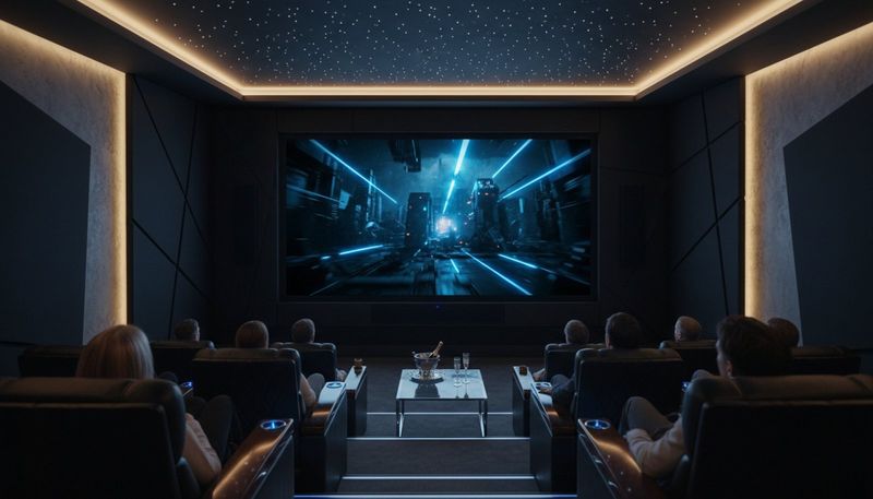 A luxurious private home cinema featuring a large LG Magnit screen displaying a movie scene with immersive contrast and deep blacks.