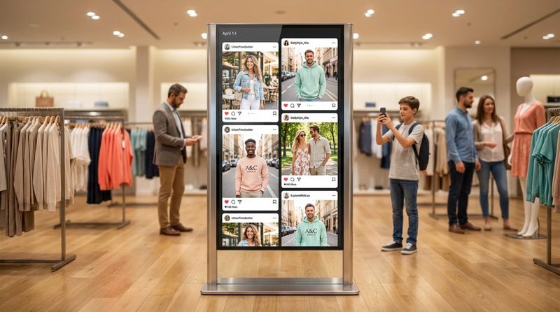 A digital signage kiosk displays a social media wall in a busy clothing store with shoppers observing.