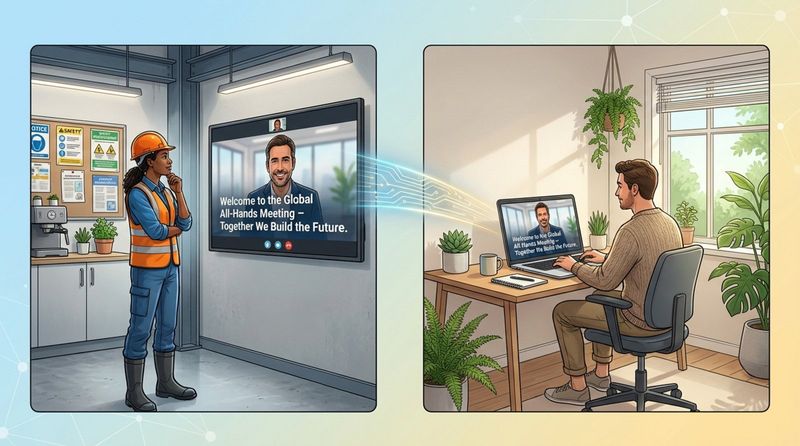 Split-panel illustration of a workforce connecting frontline and remote employees through seamless communication.
