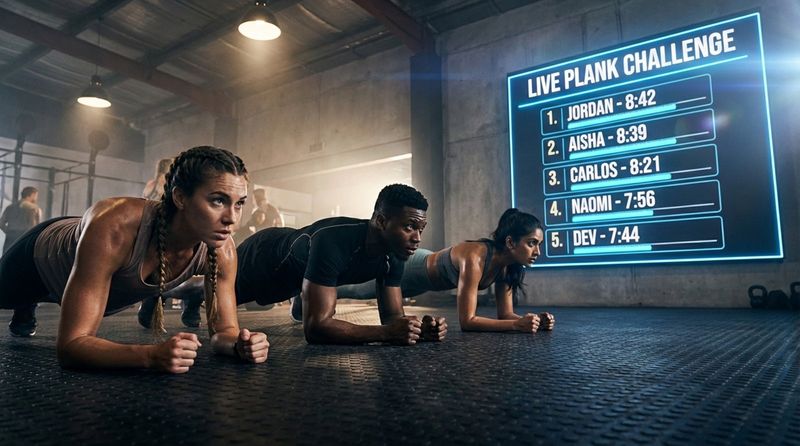 Diverse group of members performing planks in front of a glowing leaderboard during a fitness challenge.