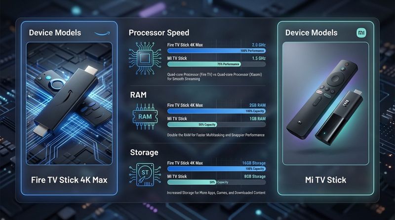 A sleek infographic comparing internal hardware of Fire TV Stick 4K Max and Xiaomi Mi TV Stick using icons and bar charts for processor RAM and storage.