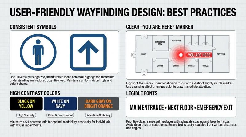 An infographic illustrating best practices for user-friendly wayfinding design with sections for symbols colors markers and fonts.