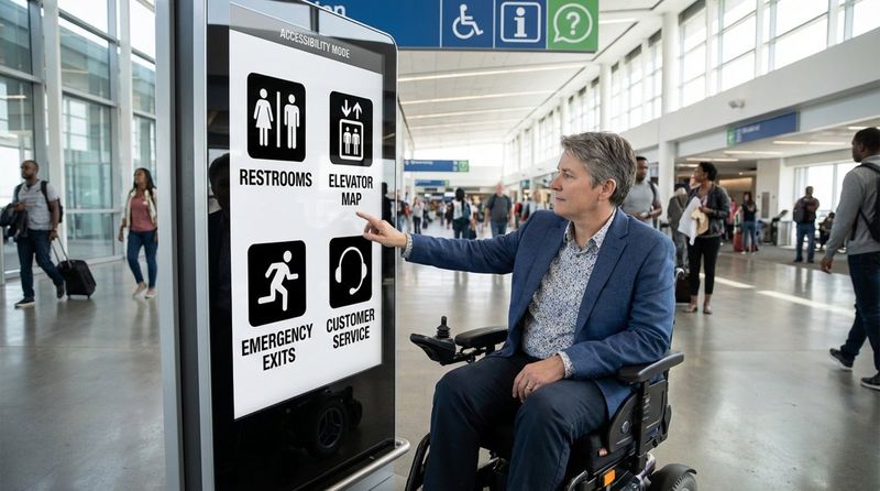 A person in a wheelchair uses an accessible digital directory with a lowered screen and high-contrast icons for inclusivity.