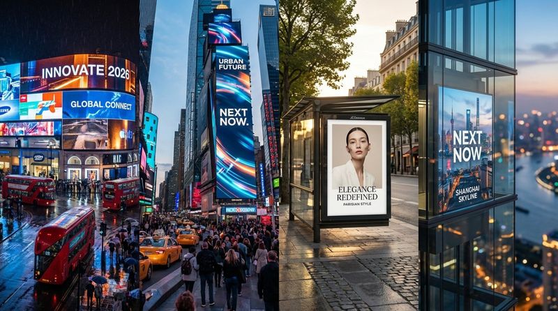 A collage of iconic outdoor advertising displays from around the world showcasing the global reach of top companies.