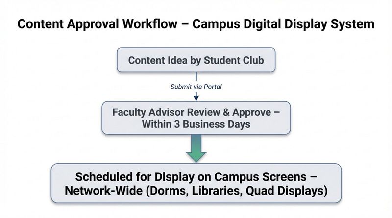 A clear flowchart illustrating the content approval process from idea submission to campus display scheduling.