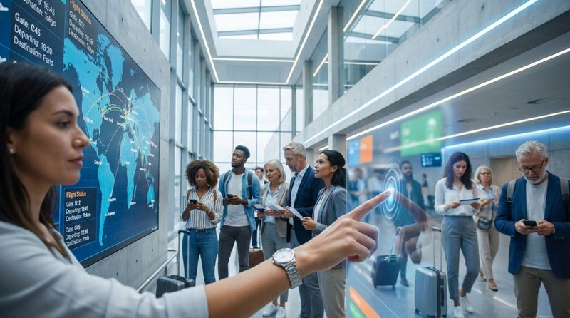 A woman touches a large digital sign displaying flight information in an airport terminal.
