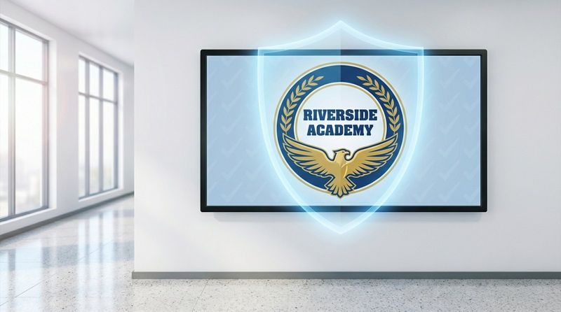A digital screen in a school hallway displays the school's logo and mascot with a shield overlay, symbolizing protection and brand consistency.