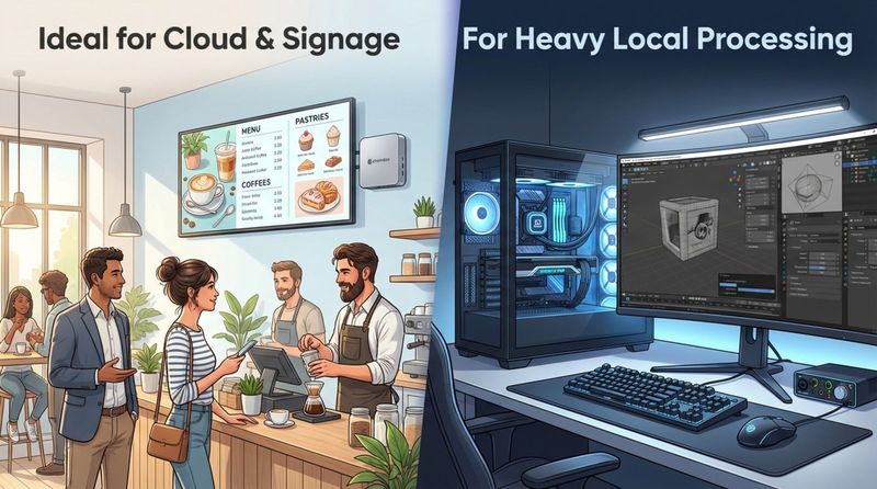 Contrasting computer setups showing a compact Chromebox for cloud signage and a powerful tower PC for heavy processing.
