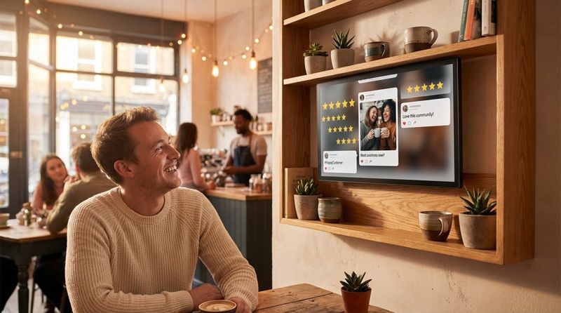 A customer in a cozy cafe smiling at a digital screen displaying positive reviews and social media photos, emphasizing trust and community.