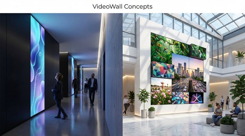 Illustration of two creative video wall setups: a vertical strip in a corridor displaying digital art and a mosaic-style grid in a grand atrium with vibrant images.
