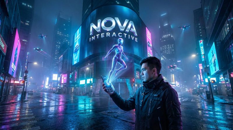 A person interacts with a large digital billboard using a smartphone in a neon-lit city at night, illustrating augmented reality integration with outdoor advertising.