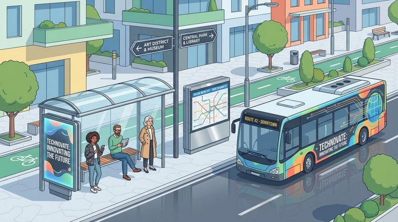 A modern urban scene featuring transit and street furniture advertising, including a bus shelter with a digital ad and a city bus with a wrap advertisement.