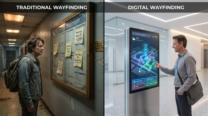 Split-screen comparison showing confusion with an old wall directory on the left and confidence with a modern touchscreen kiosk on the right.