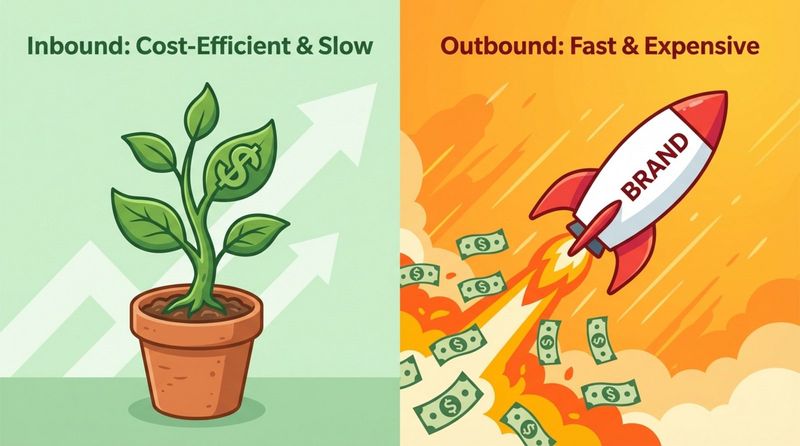 Split-panel illustration comparing inbound and outbound marketing with a slow-growing plant and a fast rocket ship.
