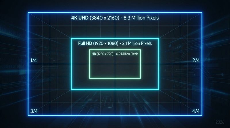 A modern infographic comparing screen resolutions with concentric rectangles illustrating pixel counts and size differences.