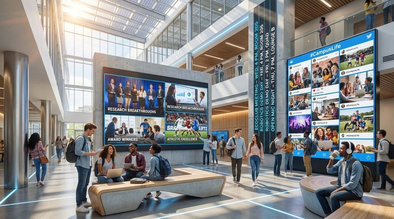 Vibrant university student union with digital screens displaying student achievements social media and events with engaged diverse students.