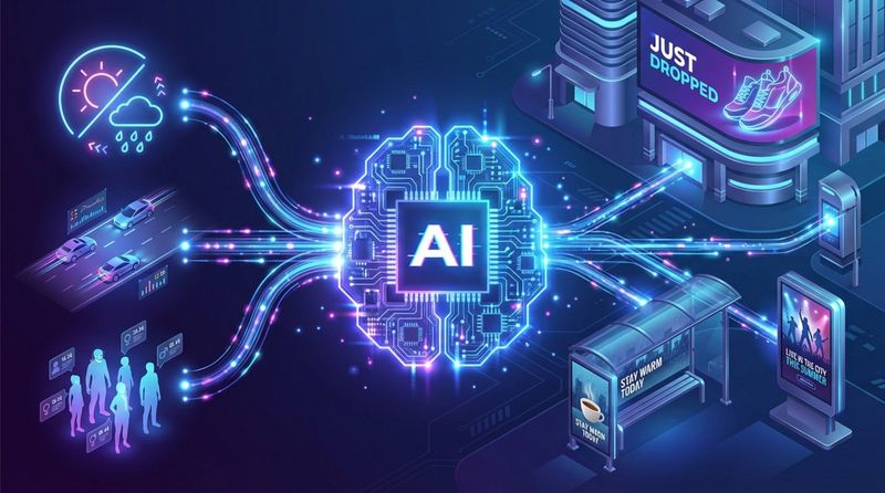 A futuristic illustration showing data triggers feeding into an AI brain, which then directs digital ad creatives to screens in a programmatic digital out-of-home advertising process.