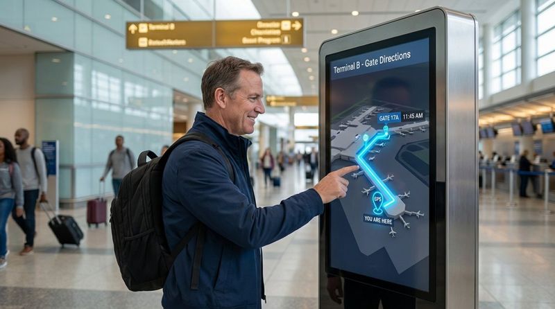 A traveler interacts with a large wayfinding kiosk at an airport, showing a clear route to their gate.