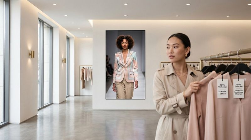 A modern fashion boutique featuring a large bezel-less screen displaying a model's video as a customer browses clothing racks.