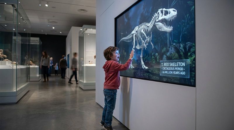 A child explores a large interactive screen in a museum, engaging with a 3D dinosaur skeleton model and displaying wonder.