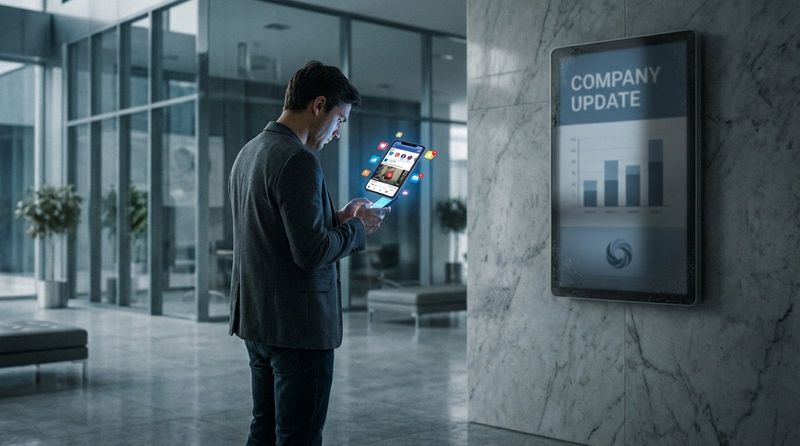A person in an office lobby ignores a digital display while looking at their smartphone, illustrating banner blindness and inattentiveness to static content.