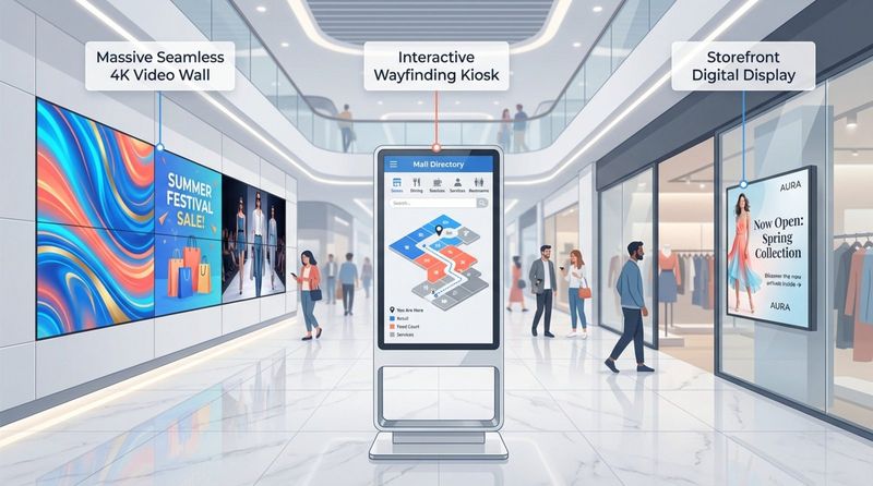 An infographic illustrating different digital signage types in a mall, including a video wall, interactive kiosk, and storefront screen with clear labels.