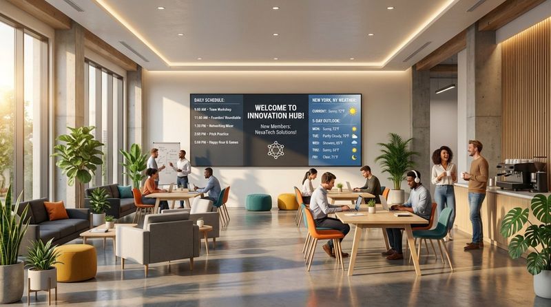 Photorealistic depiction of a modern coworking lobby with a digital signage screen displaying event schedule, welcome message, and weather forecast.