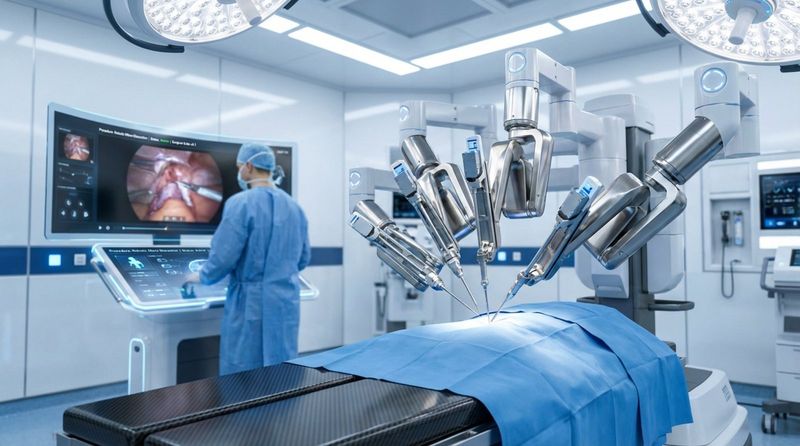 A surgical robot with multiple arms in a sterile operating room, highlighting advanced technology and precision in surgery.