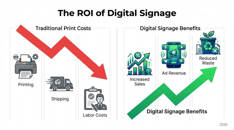 A minimalist infographic showing the return on investment of digital signage with downward and upward arrows indicating cost savings and increased revenue.