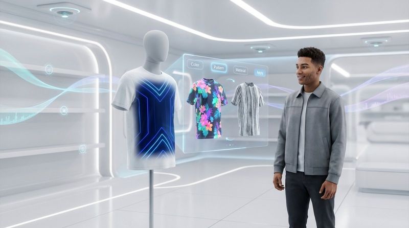 A shopper observes a white t-shirt with an augmented reality overlay showing colors and patterns in a sleek high-tech store.