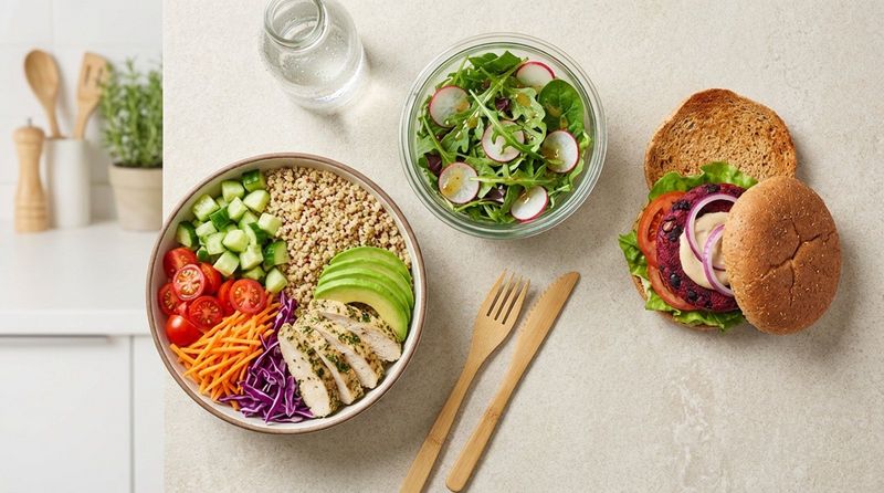 A flat lay of healthy quick-service restaurant menu items showcasing a colorful grain bowl, a fresh salad, and a plant-based burger on a light surface.