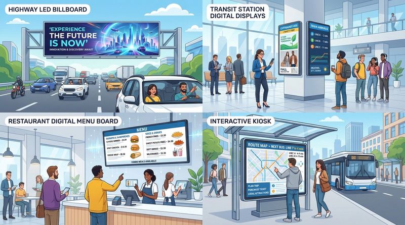 A modern infographic collage showcasing various Digital Out-of-Home advertising environments including highway billboards, train station screens, restaurant menu boards, and bus shelter kiosks with people interacting.