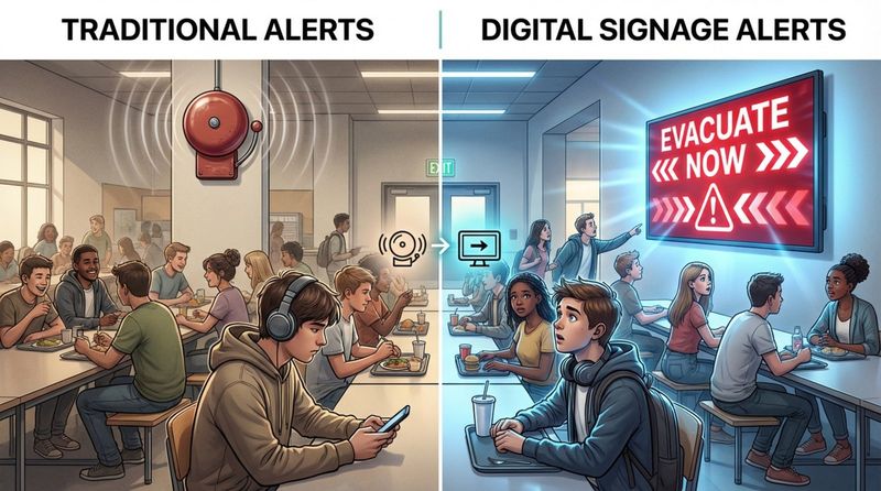 Comparison of traditional alerts and digital signage alerts showing a student ignoring a bell and another noticing an emergency message on a screen.
