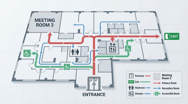 A clean infographic showing a floor plan with color-coded paths guiding to a destination and a key for symbols.