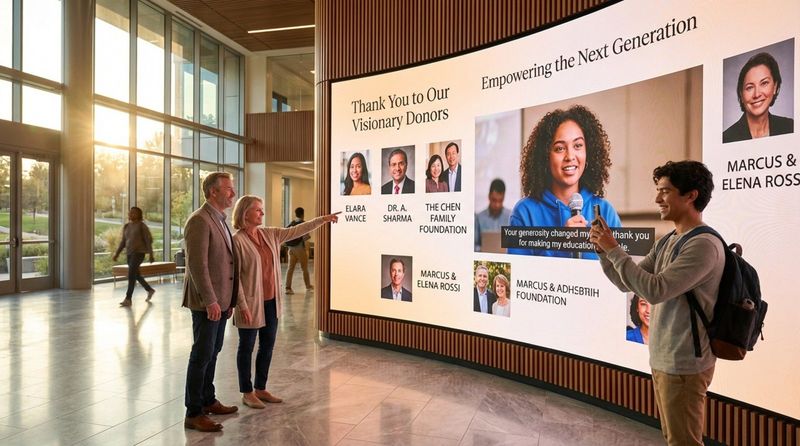 A sleek digital donor wall in a university lobby displaying donor names photos and a student testimonial video.