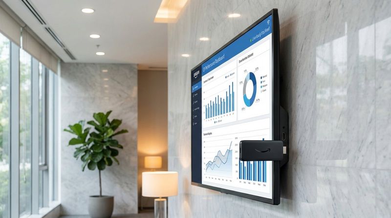 A compact Amazon Signage Stick plugged into a large wall-mounted display showing a corporate dashboard in a modern office lobby.
