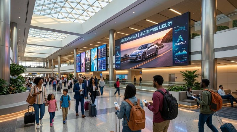 A busy airport terminal with travelers passing digital screens displaying a luxury car advertisement.