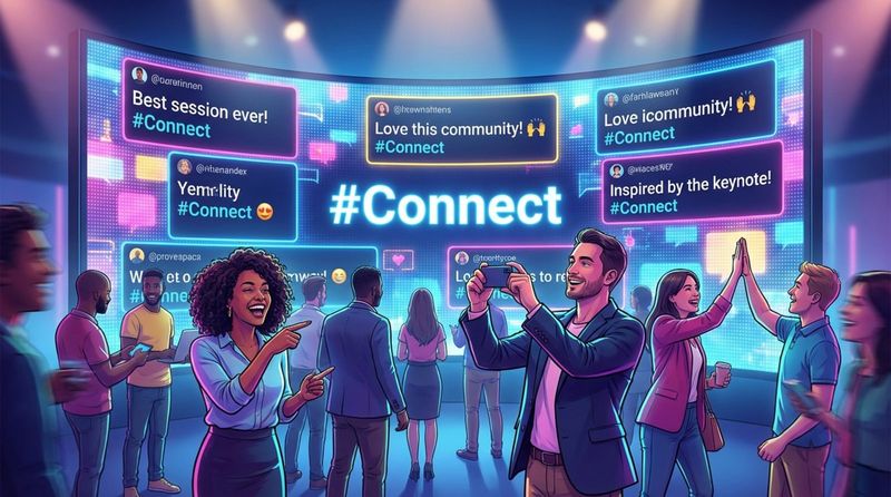 A lively scene of diverse conference attendees engaging with a social media wall displaying real-time posts and reactions.