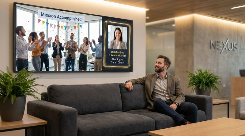 A visitor sits on a couch watching a digital screen displaying team success and employee anniversary announcements.