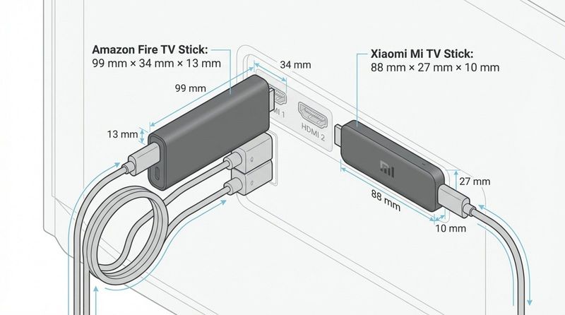 A technical diagram comparing the physical sizes of the Fire TV Stick and Xiaomi Mi TV Stick plugged into a TV, highlighting their dimensions and fit.