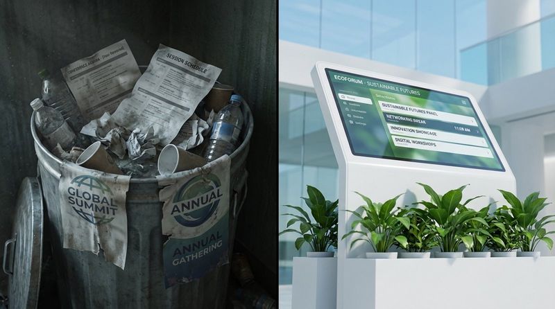 A conceptual illustration contrasting wasteful and sustainable conference practices with outdated paper waste on one side and a sleek digital kiosk on the other.