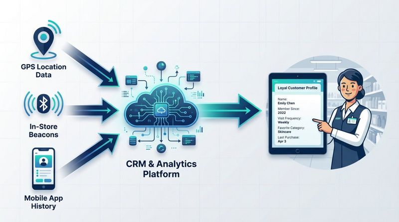 Corporate infographic illustrating data flow from GPS, beacons, and app history into a central CRM platform, leading to a loyalty profile display for a shopper.