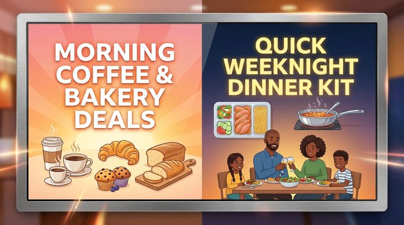 Digital illustration depicting dayparting with a grocery store screen split between morning and evening promotions. The left shows morning coffee deals with sunrise graphics, and the right displays evening dinner kits with warm visuals.